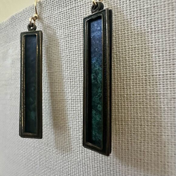Modernist Patina Rectangle Drop Earrings with Gold-Tone Hooks - Picture 3 of 7